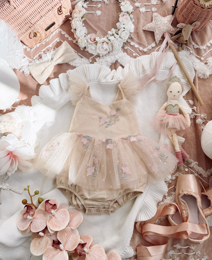 The Rose Champagne Embroidered Baby Girl Tulle Party Romper