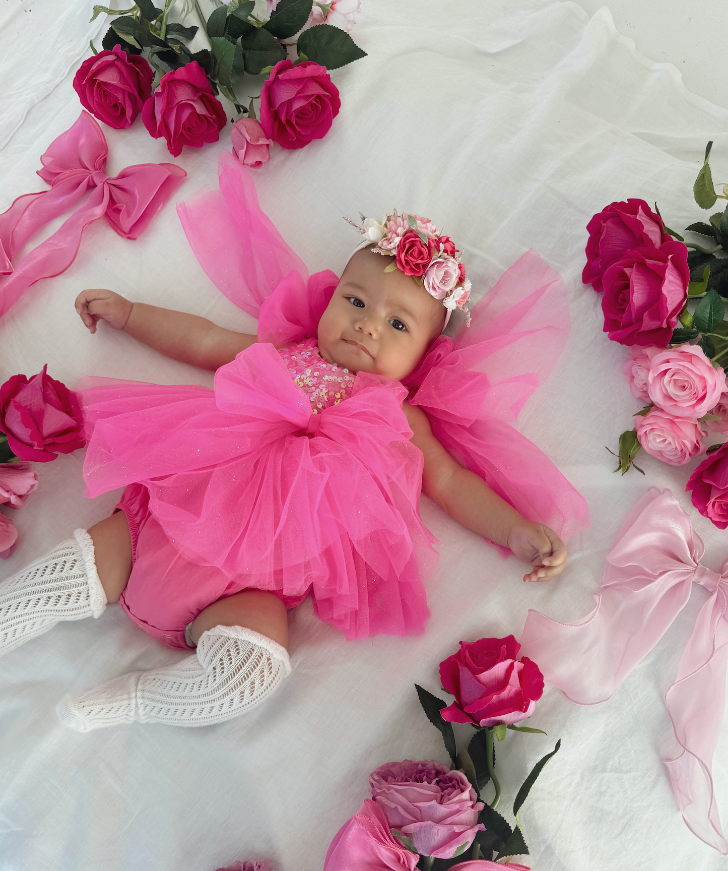 Theodora Fuchsia Pink Sequin Baby Girl Tulle Party Romper