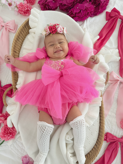Theodora Fuchsia Pink Sequin Baby Girl Tulle Party Romper