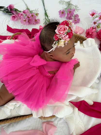 Theodora Fuchsia Pink Sequin Baby Girl Tulle Party Romper