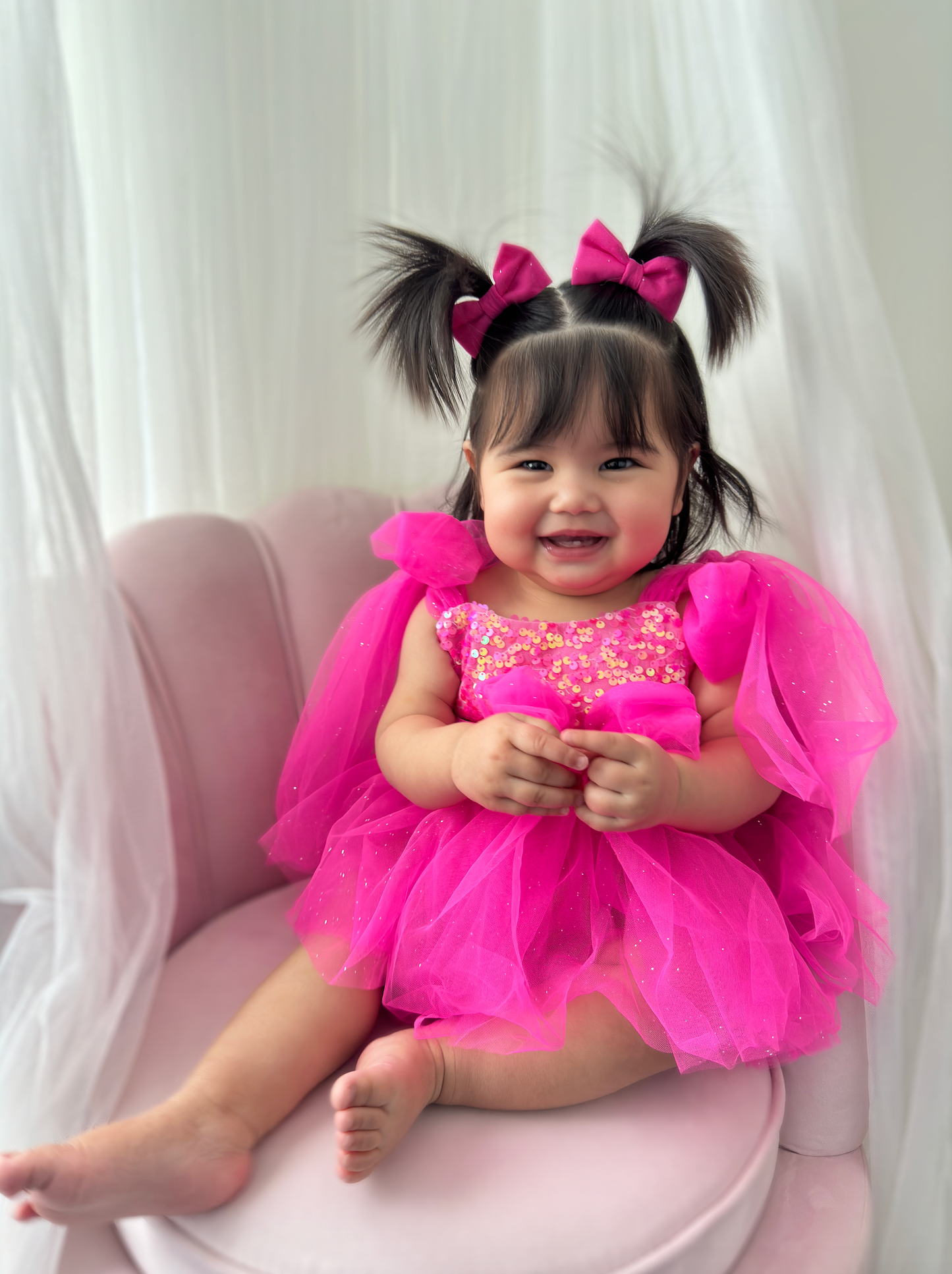 Theodora Fuchsia Pink Sequin Baby Girl Tulle Party Romper