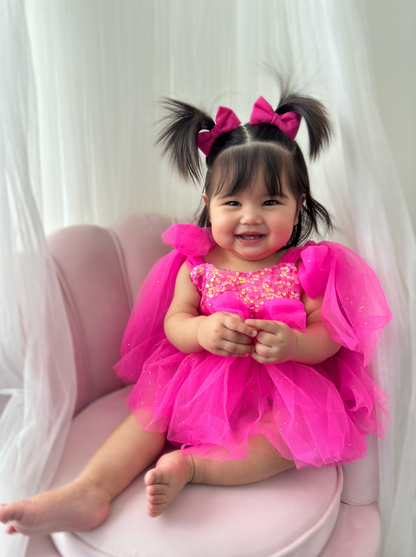 Theodora Fuchsia Pink Sequin Baby Girl Tulle Party Romper