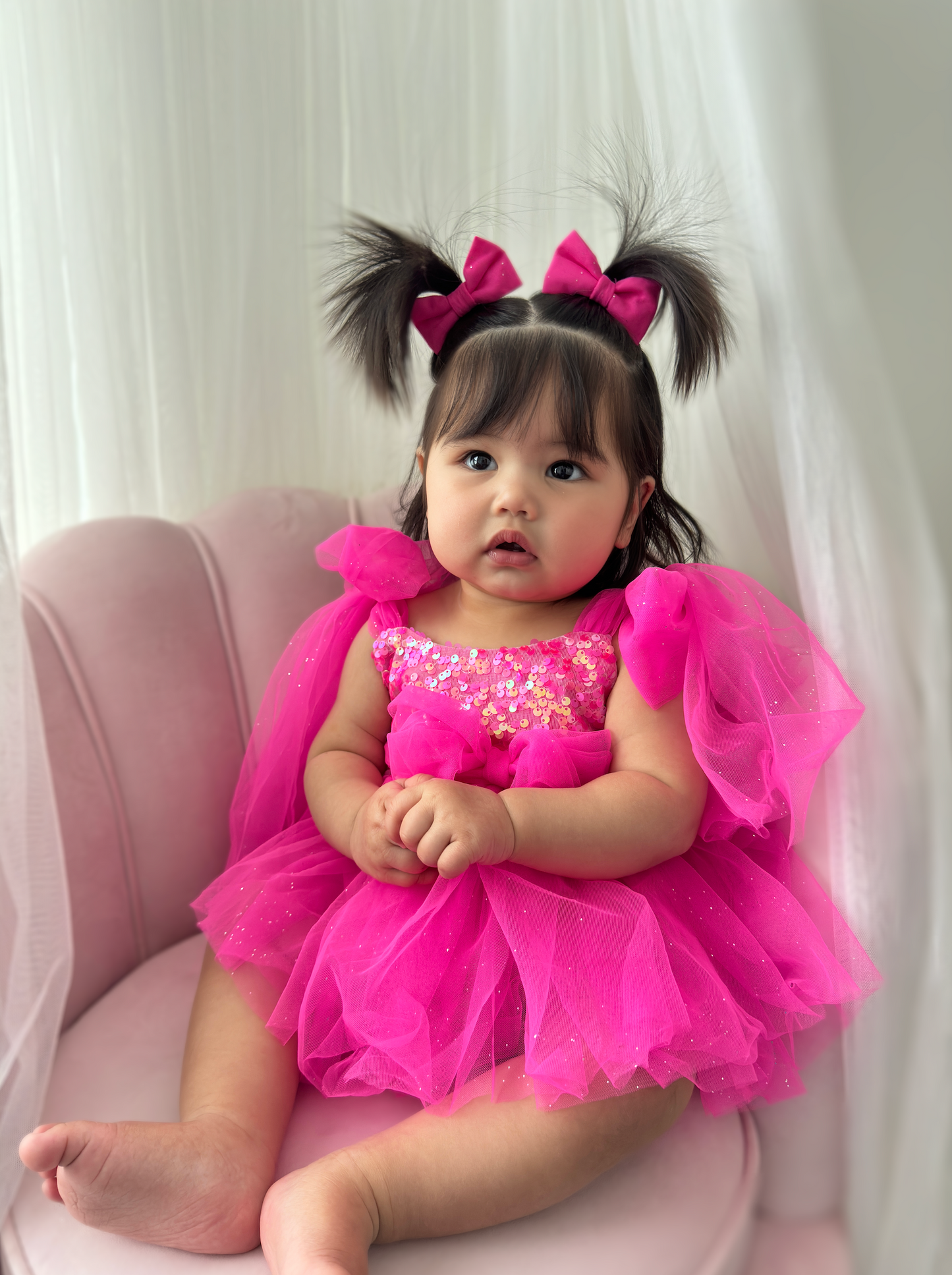 Theodora Fuchsia Pink Sequin Baby Girl Tulle Party Romper