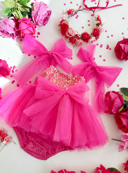 Theodora Fuchsia Pink Sequin Baby Girl Tulle Party Romper