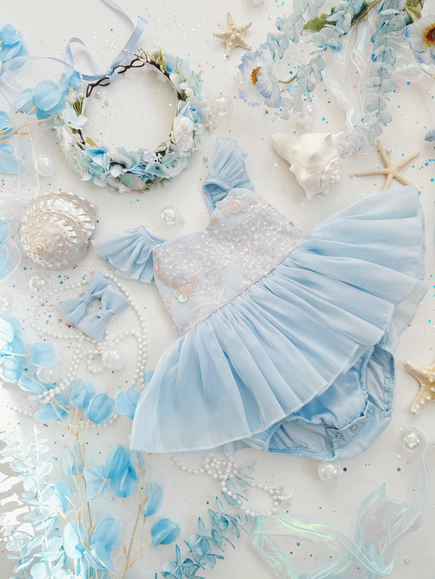 Ariel Ocean Blue Organza Sequin Baby Girl Party Romper