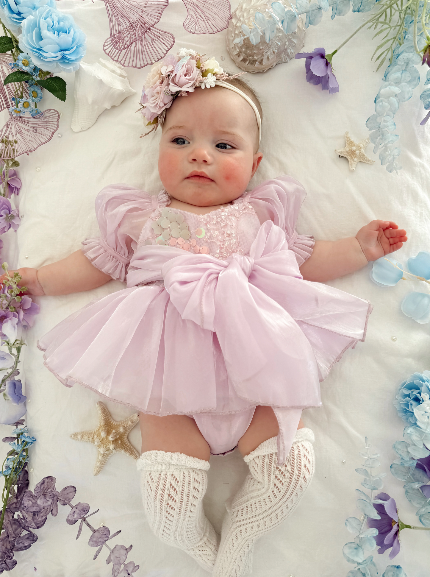 Ariel Purple Pearl Organza Sequin Baby Girl Party Romper
