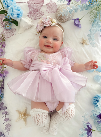 Ariel Purple Pearl Organza Sequin Baby Girl Party Romper