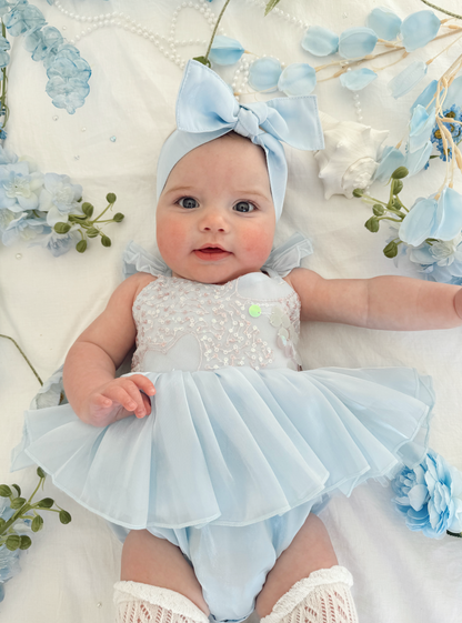 Ariel Ocean Blue Organza Sequin Baby Girl Party Romper