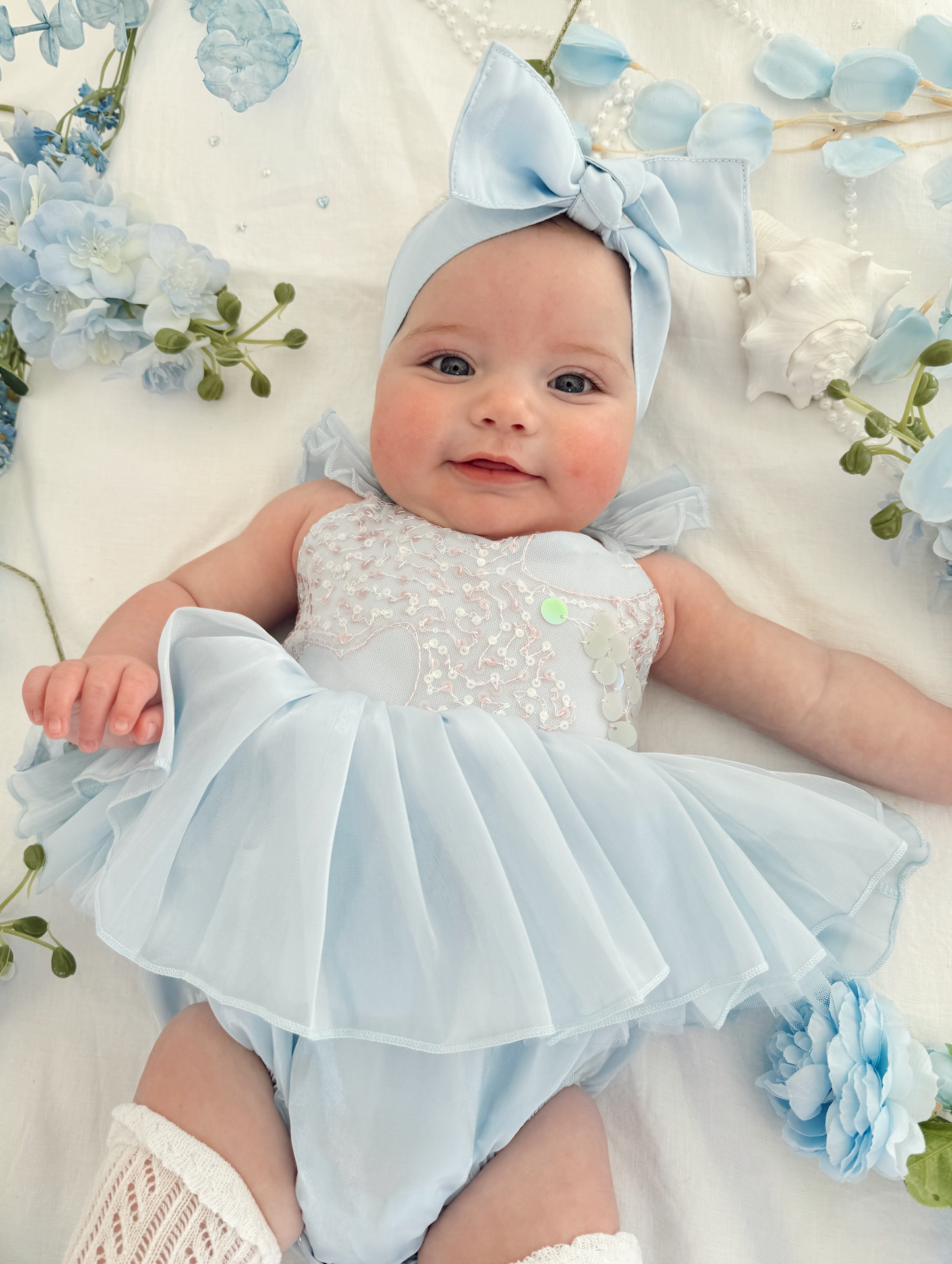 Ariel Ocean Blue Organza Sequin Baby Girl Party Romper