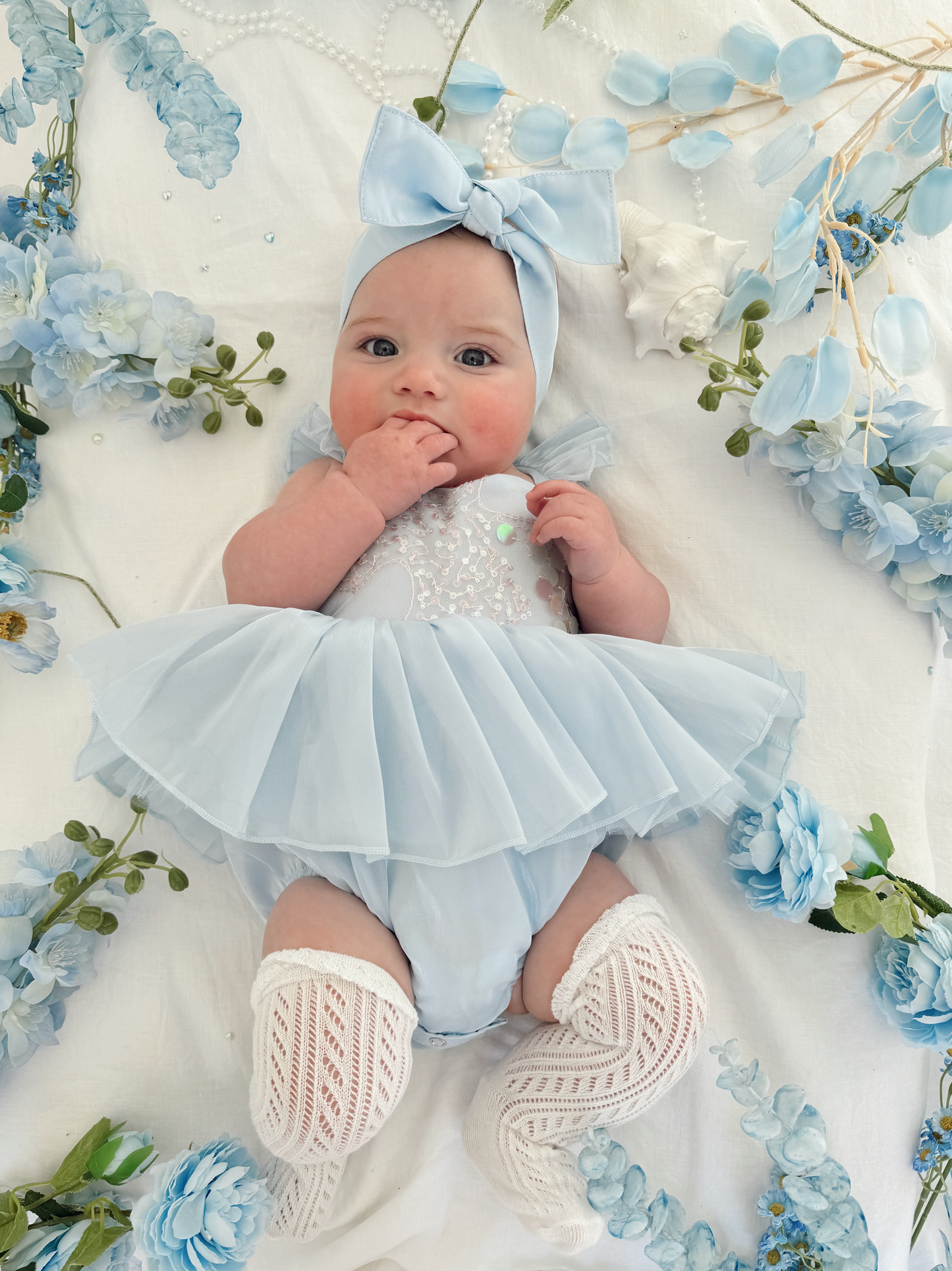 Ariel Ocean Blue Organza Sequin Baby Girl Party Romper