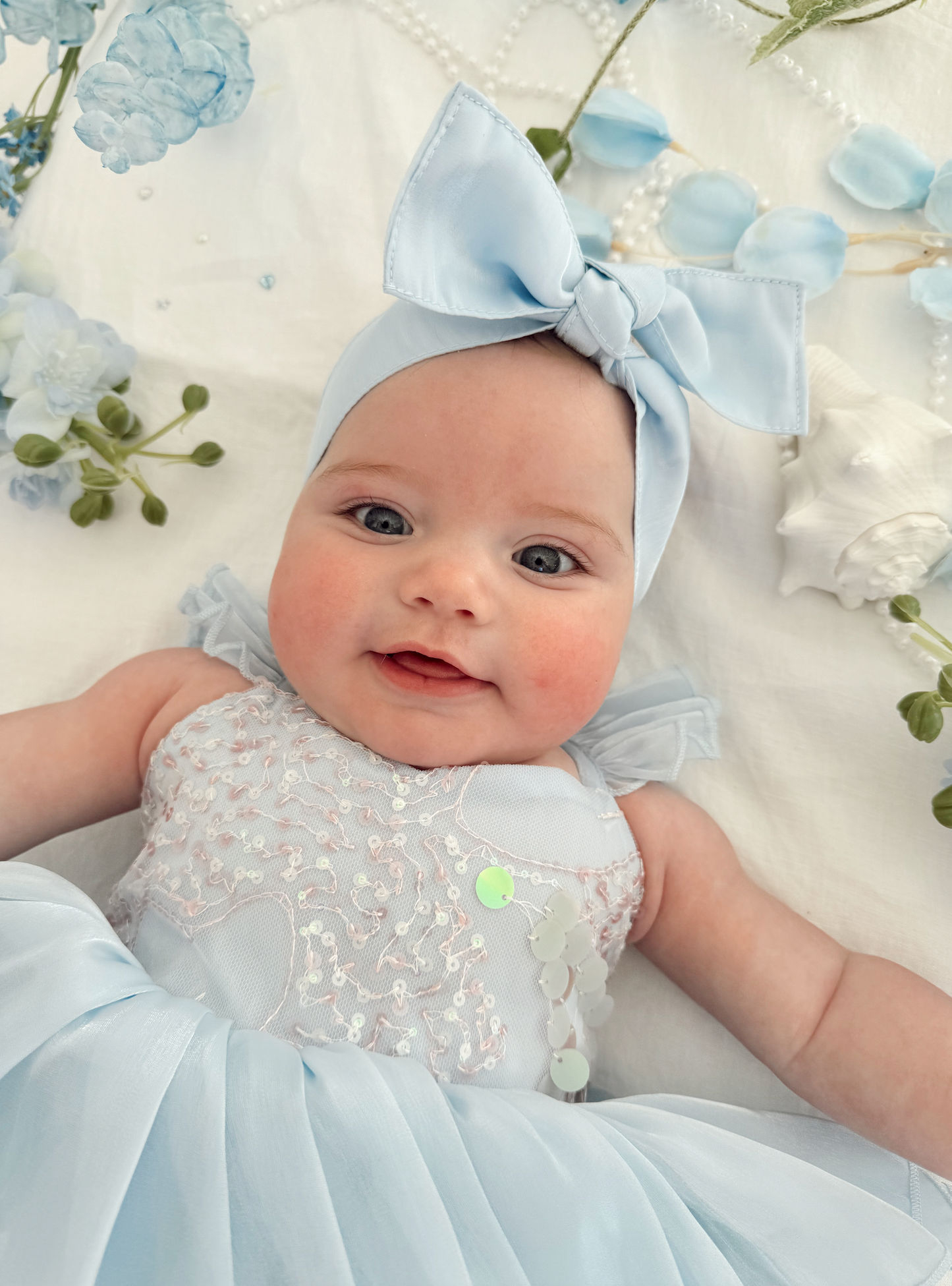 Ariel Ocean Blue Organza Sequin Baby Girl Party Romper