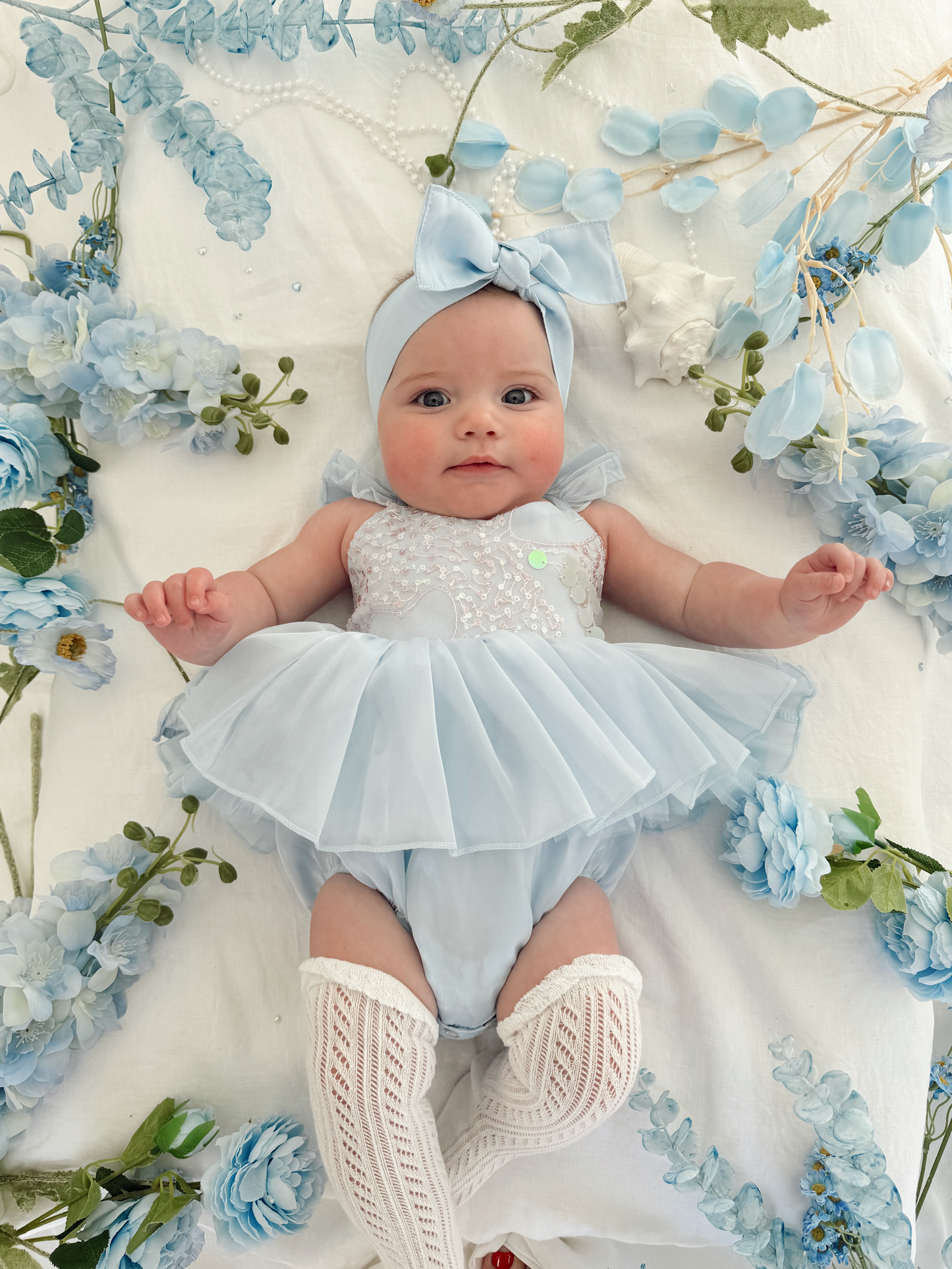 Ariel Ocean Blue Organza Sequin Baby Girl Party Romper