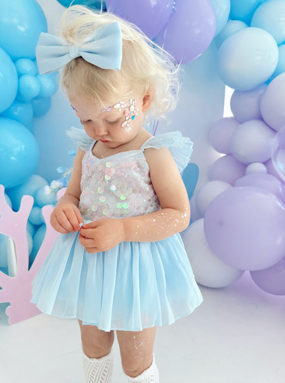 Ariel Ocean Blue Organza Sequin Baby Girl Party Romper
