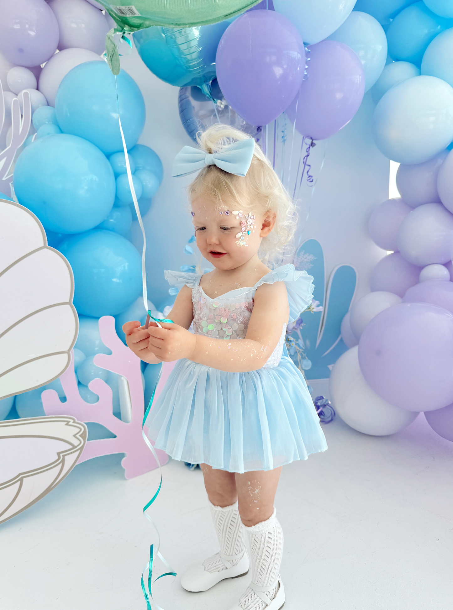 Ariel Ocean Blue Organza Sequin Baby Girl Party Romper