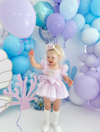 Ariel Purple Pearl Organza Sequin Baby Girl Party Romper
