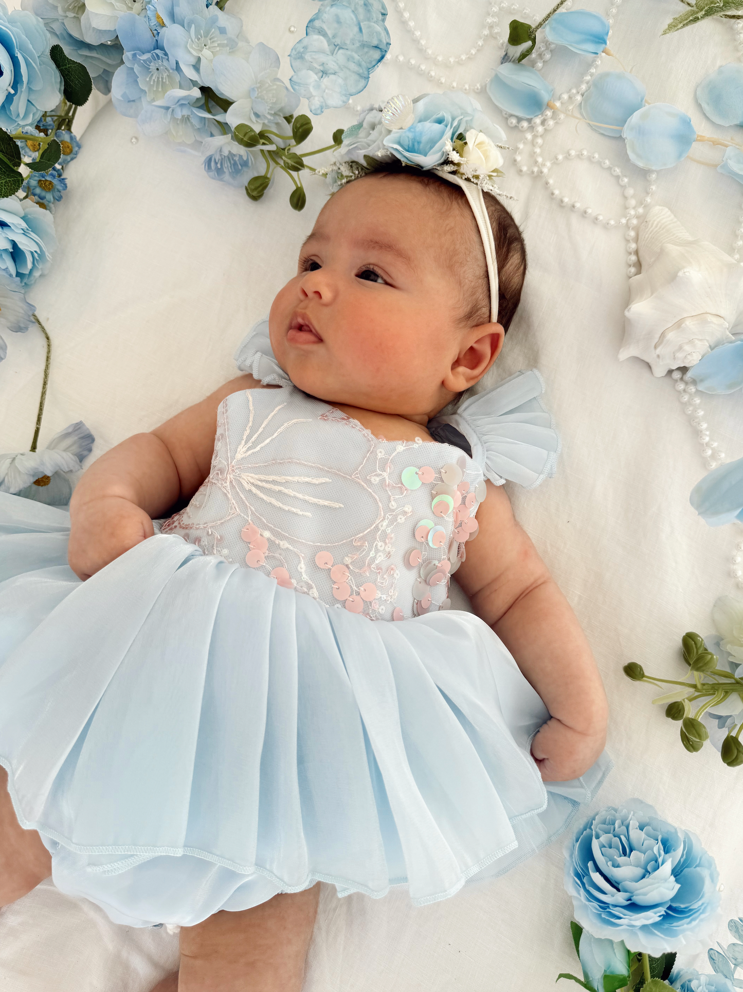 Ariel Ocean Blue Organza Sequin Baby Girl Party Romper