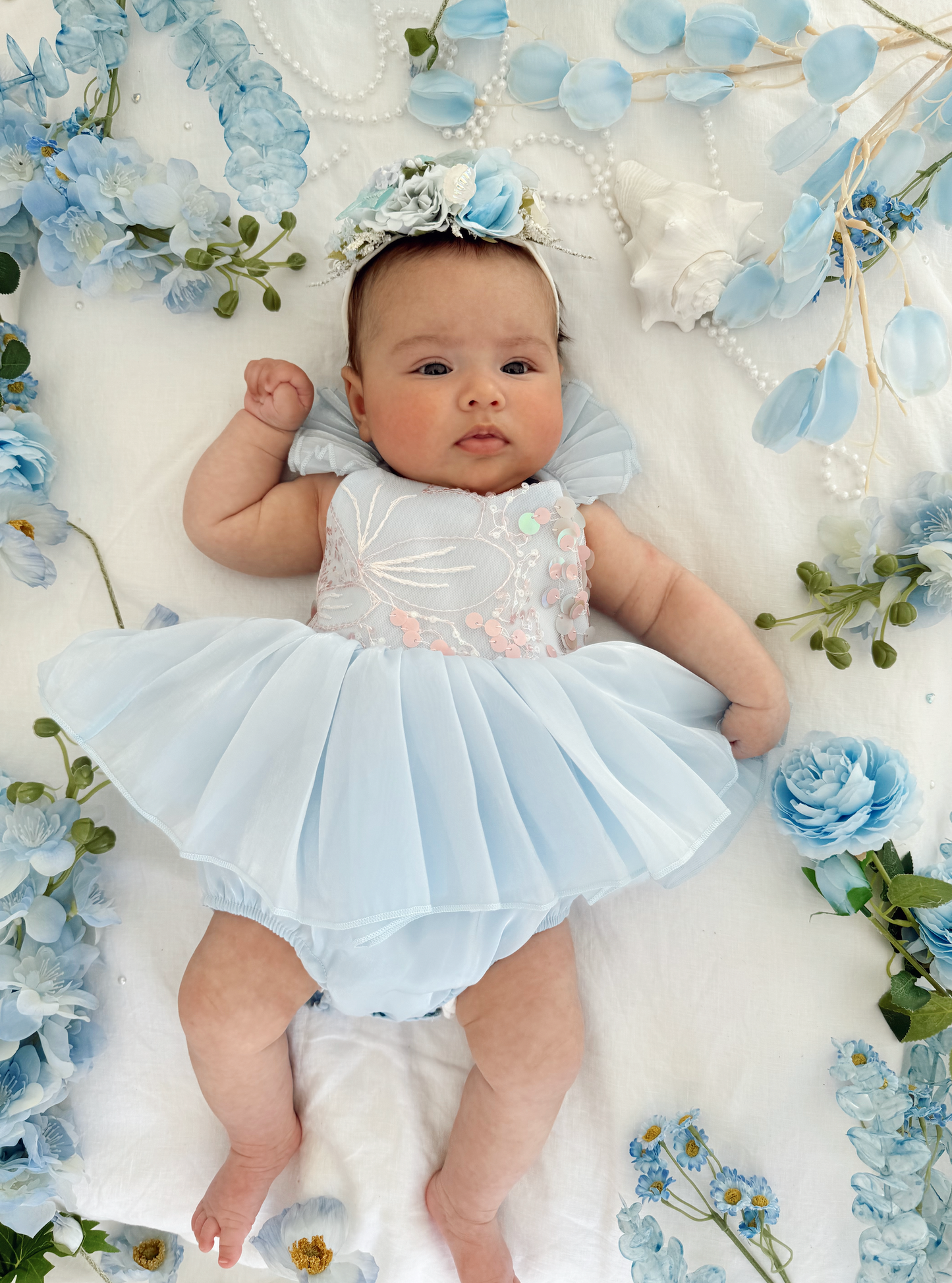 Ariel Ocean Blue Organza Sequin Baby Girl Party Romper