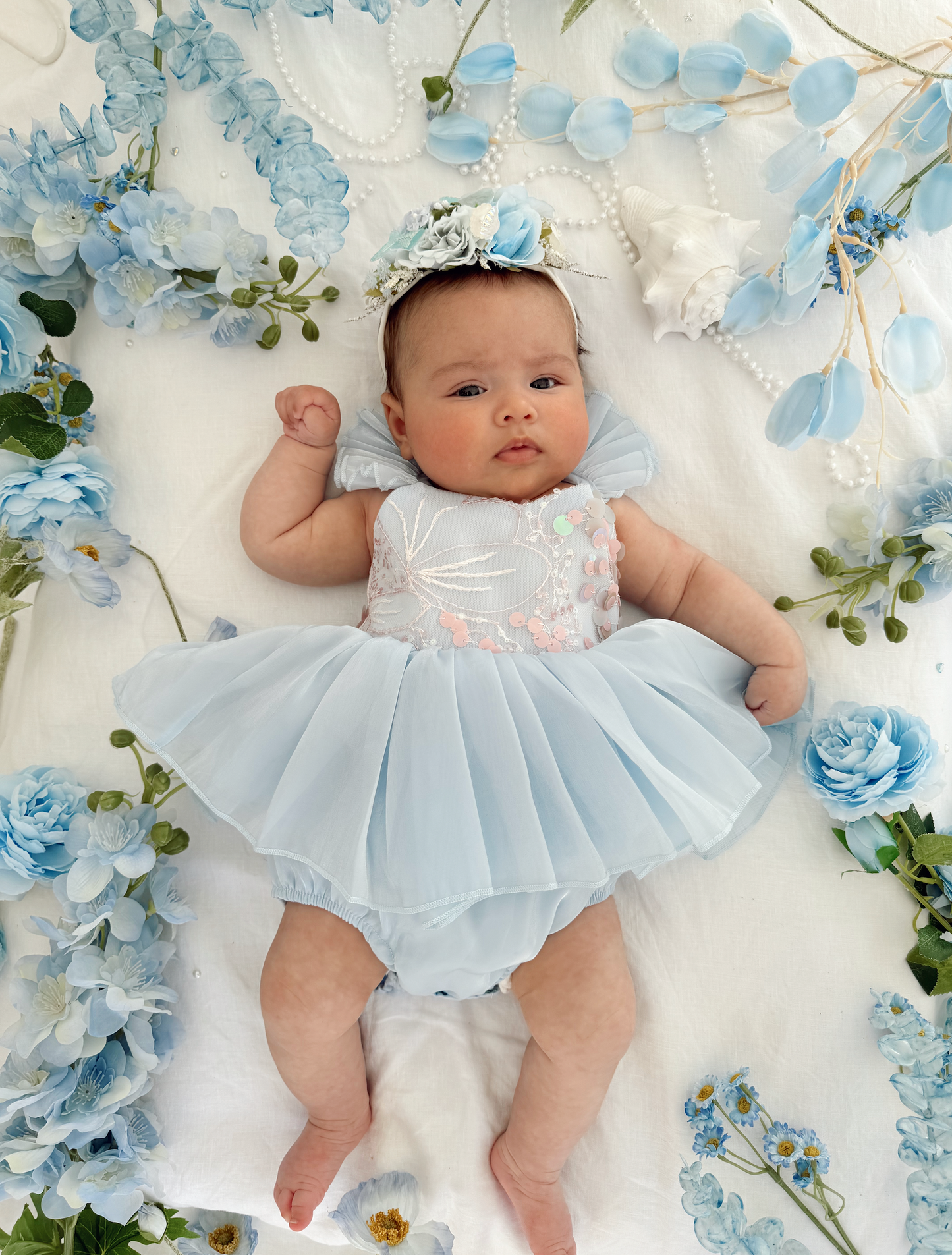 Ariel Ocean Blue Organza Sequin Baby Girl Party Romper