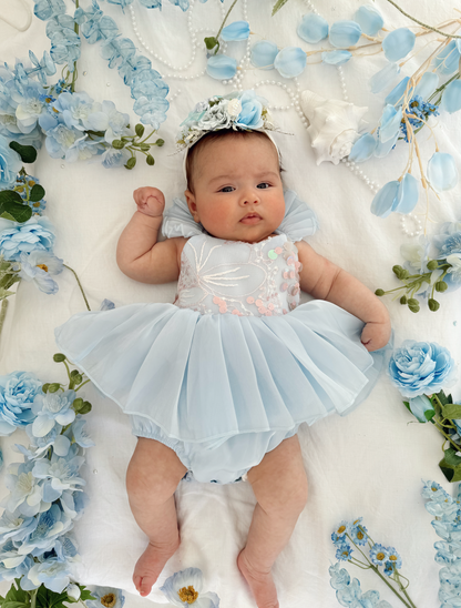 Ariel Ocean Blue Organza Sequin Baby Girl Party Romper