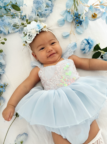 Ariel Ocean Blue Organza Sequin Baby Girl Party Romper