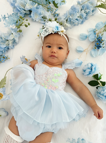 Ariel Ocean Blue Organza Sequin Baby Girl Party Romper