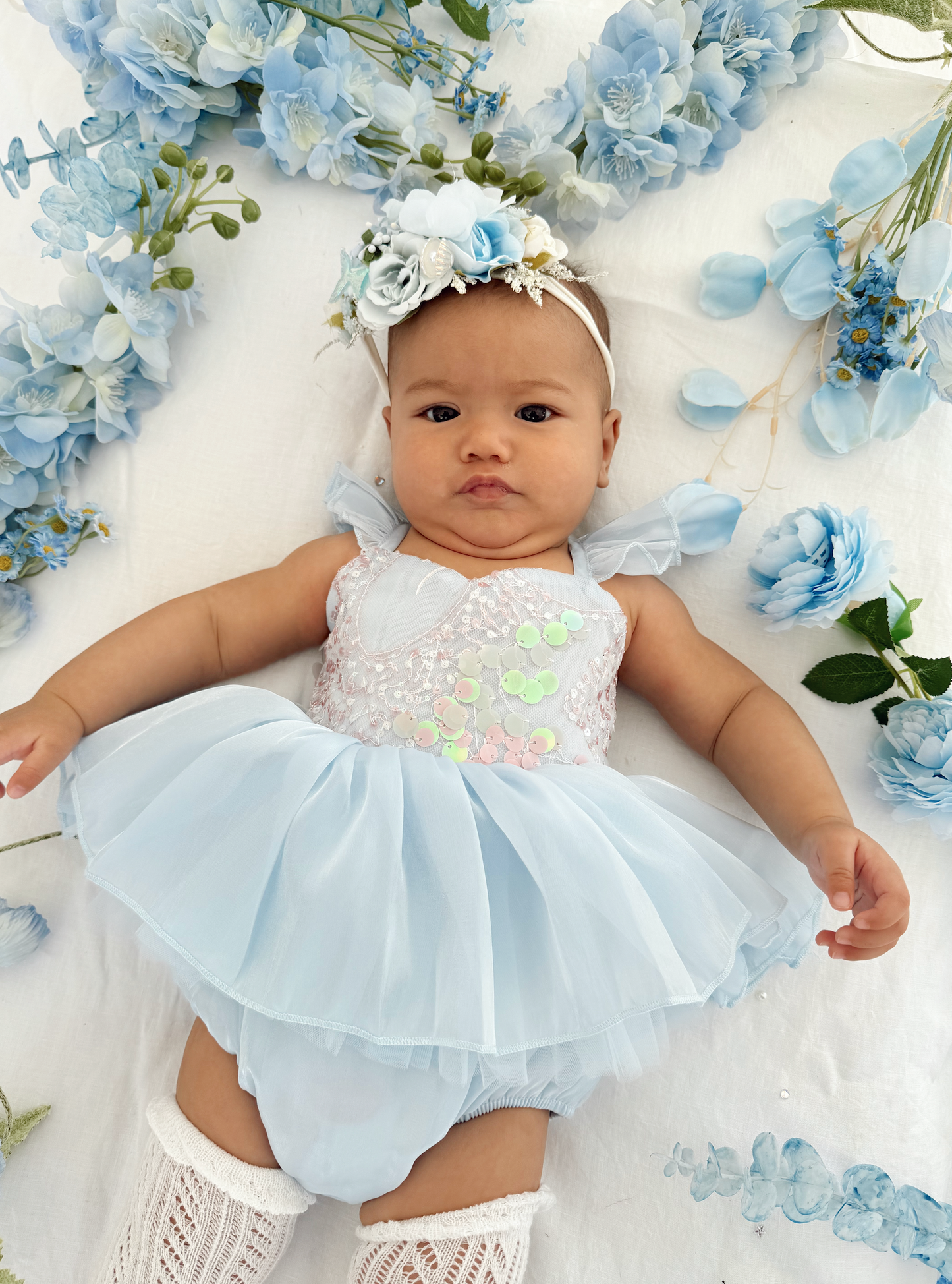 Ariel Ocean Blue Organza Sequin Baby Girl Party Romper