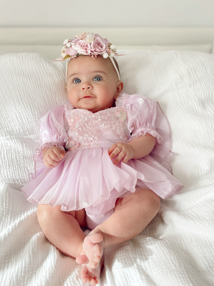 Ariel Purple Pearl Organza Sequin Baby Girl Party Romper