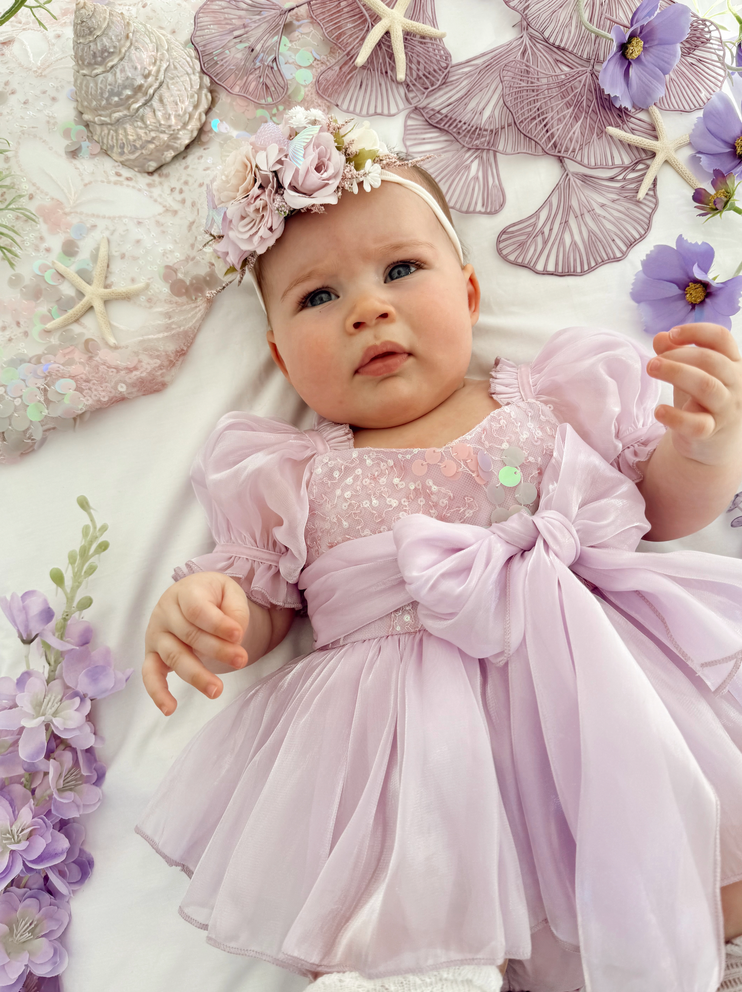 Ariel Purple Pearl Organza Sequin Baby Girl Party Romper