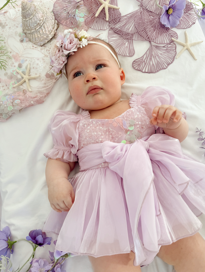 Ariel Purple Pearl Organza Sequin Baby Girl Party Romper