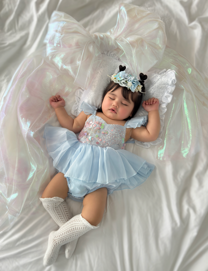 Ariel Ocean Blue Organza Sequin Baby Girl Party Romper