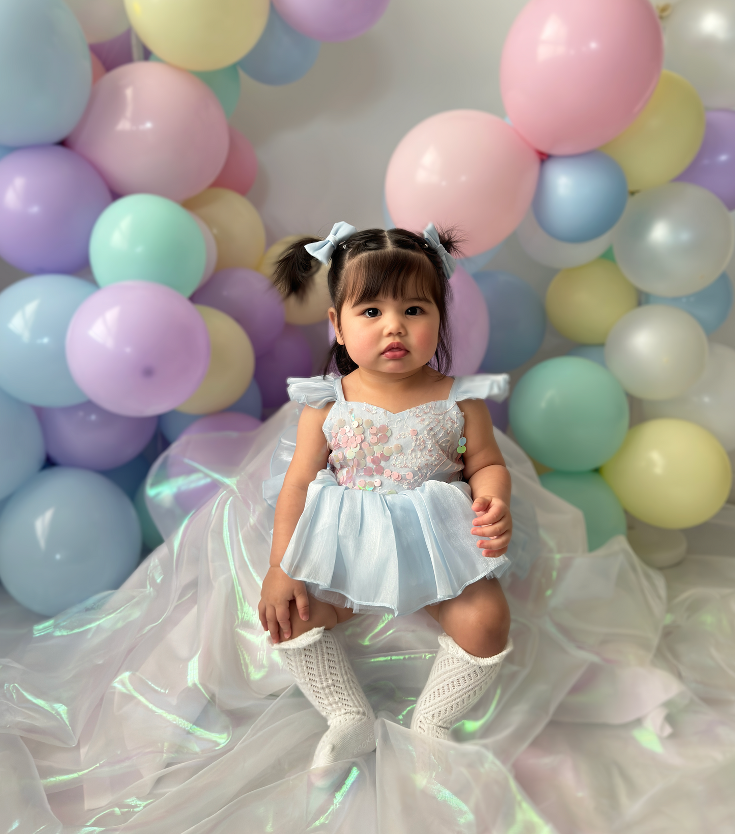 Ariel Ocean Blue Organza Sequin Baby Girl Party Romper