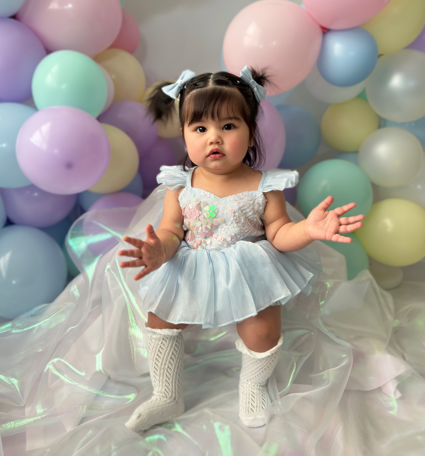 Ariel Ocean Blue Organza Sequin Baby Girl Party Romper