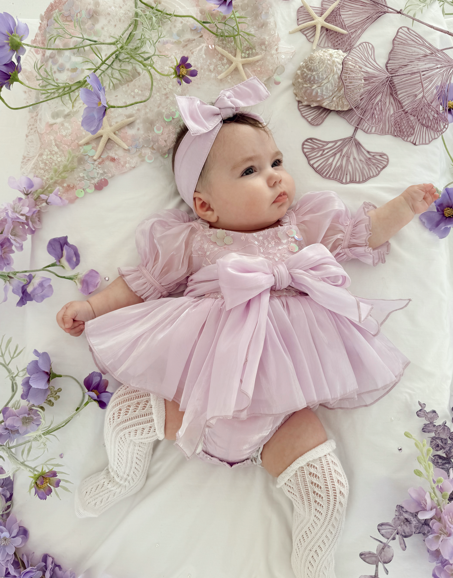 Ariel Purple Pearl Organza Sequin Baby Girl Party Romper
