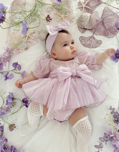 Ariel Purple Pearl Organza Sequin Baby Girl Party Romper