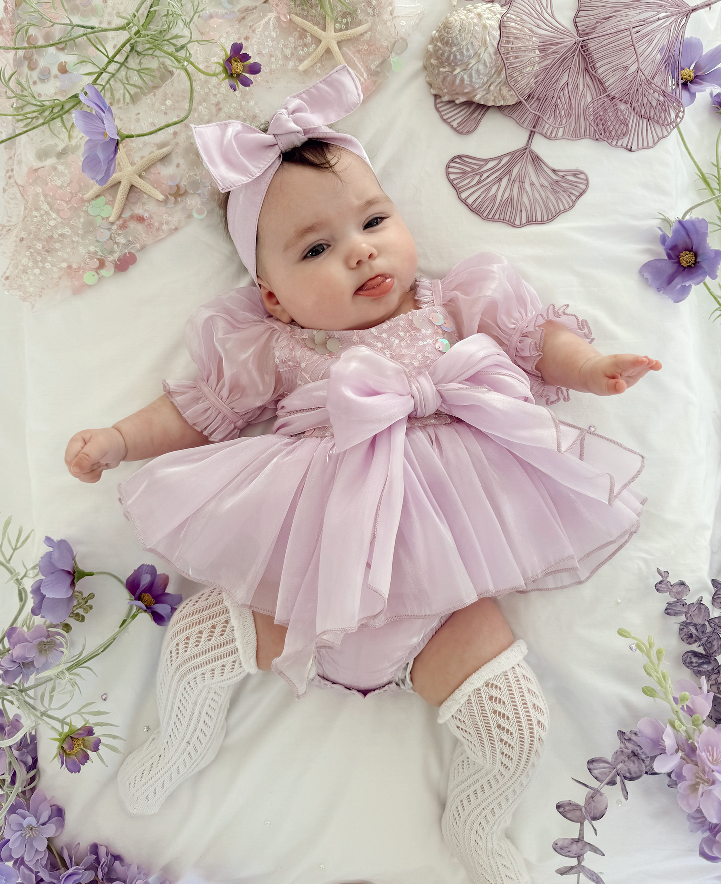 Ariel Purple Pearl Organza Sequin Baby Girl Party Romper