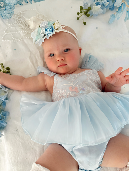 Ariel Ocean Blue Organza Sequin Baby Girl Party Romper