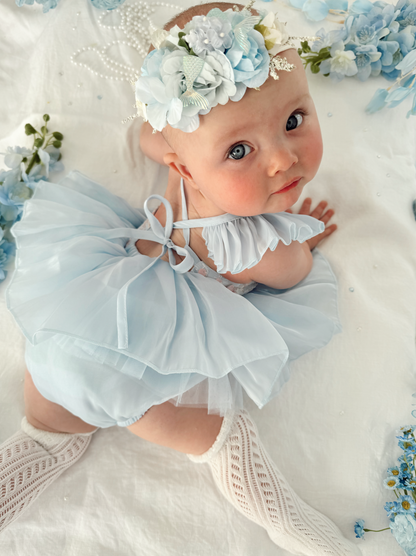 Ariel Ocean Blue Organza Sequin Baby Girl Party Romper
