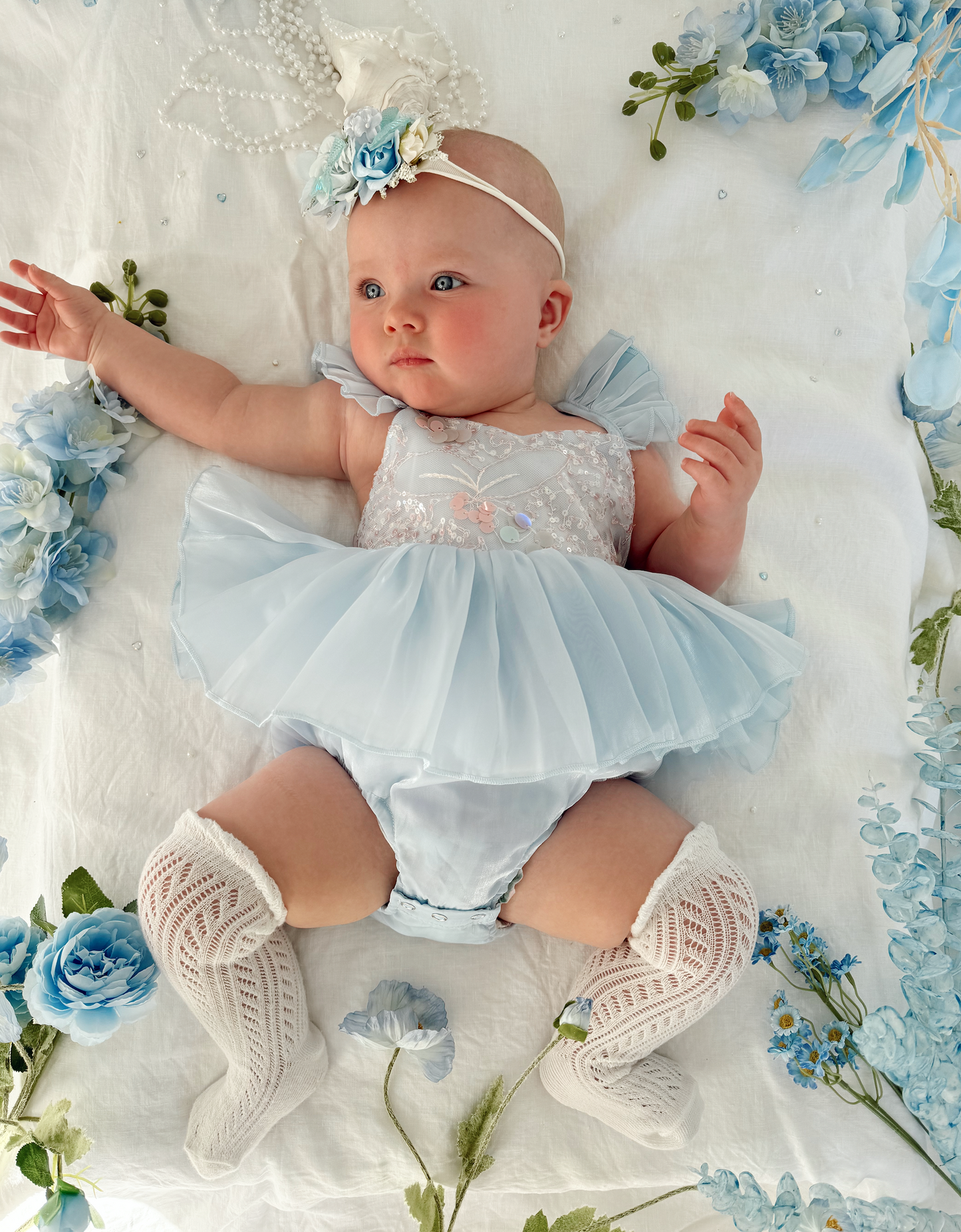 Ariel Ocean Blue Organza Sequin Baby Girl Party Romper