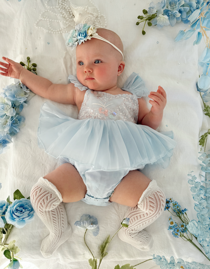 Ariel Ocean Blue Organza Sequin Baby Girl Party Romper