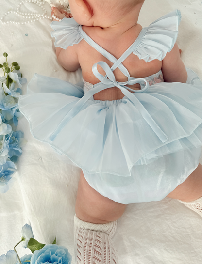 Ariel Ocean Blue Organza Sequin Baby Girl Party Romper