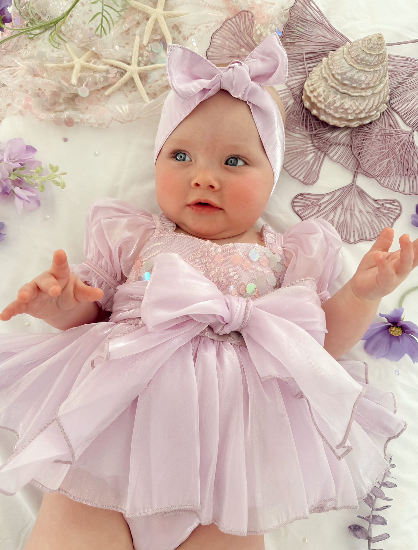 Ariel Purple Pearl Organza Sequin Baby Girl Party Romper