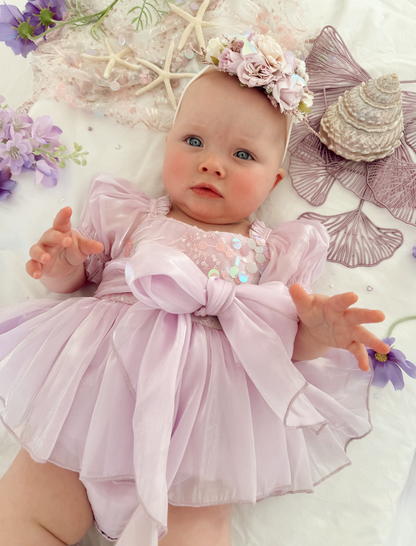 Ariel Purple Pearl Organza Sequin Baby Girl Party Romper