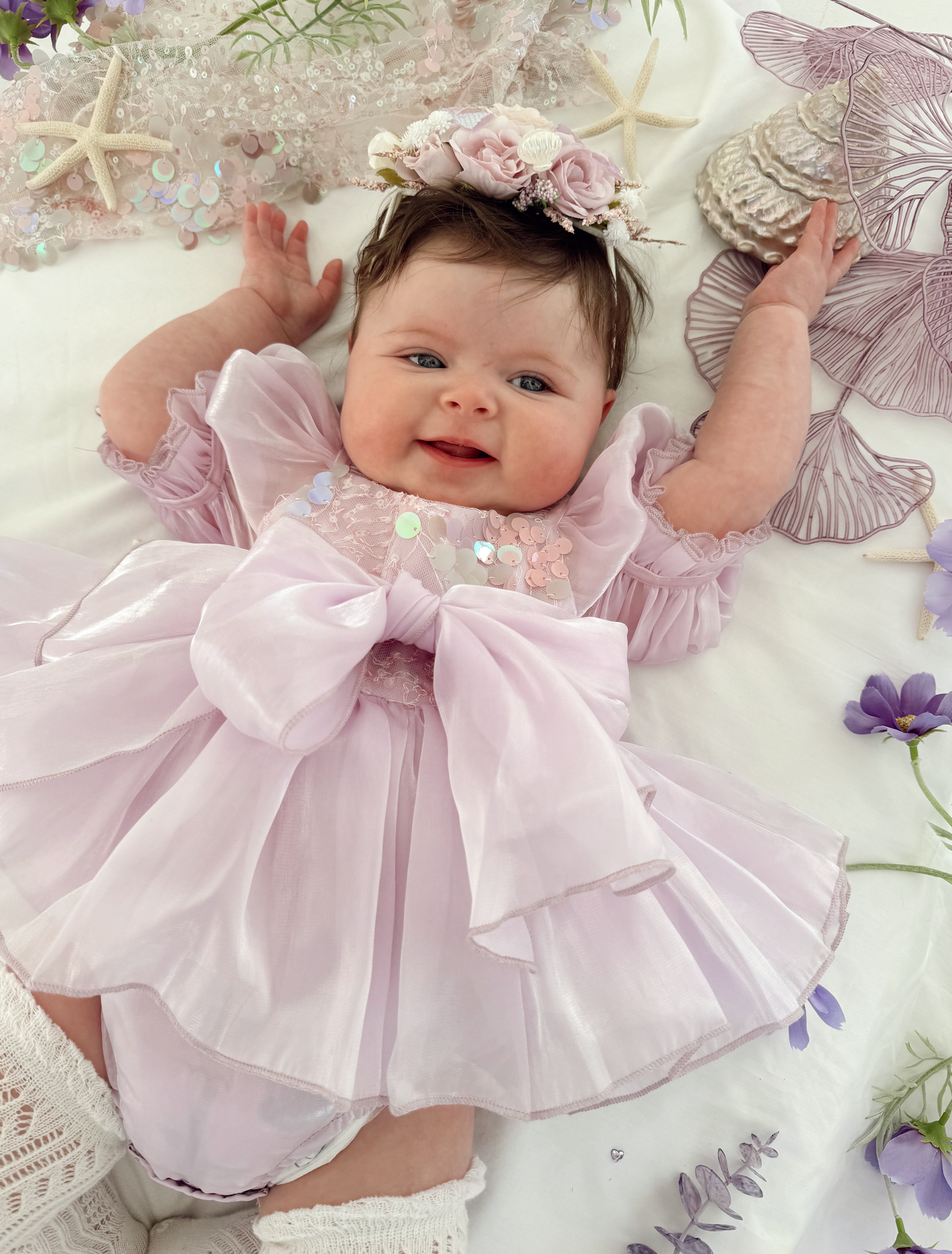 Ariel Purple Pearl Organza Sequin Baby Girl Party Romper