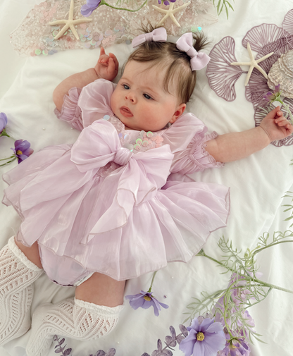 Ariel Purple Pearl Organza Sequin Baby Girl Party Romper