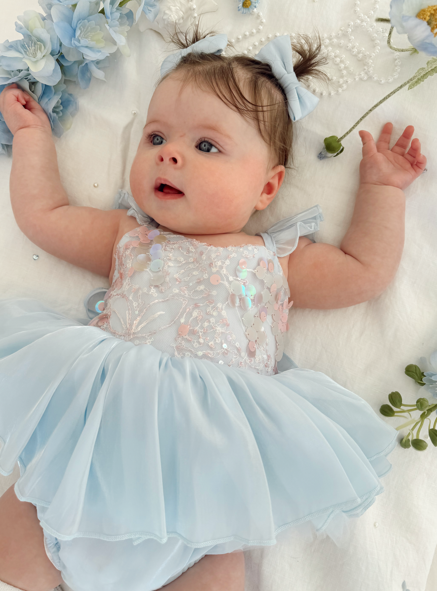 Ariel Ocean Blue Organza Sequin Baby Girl Party Romper
