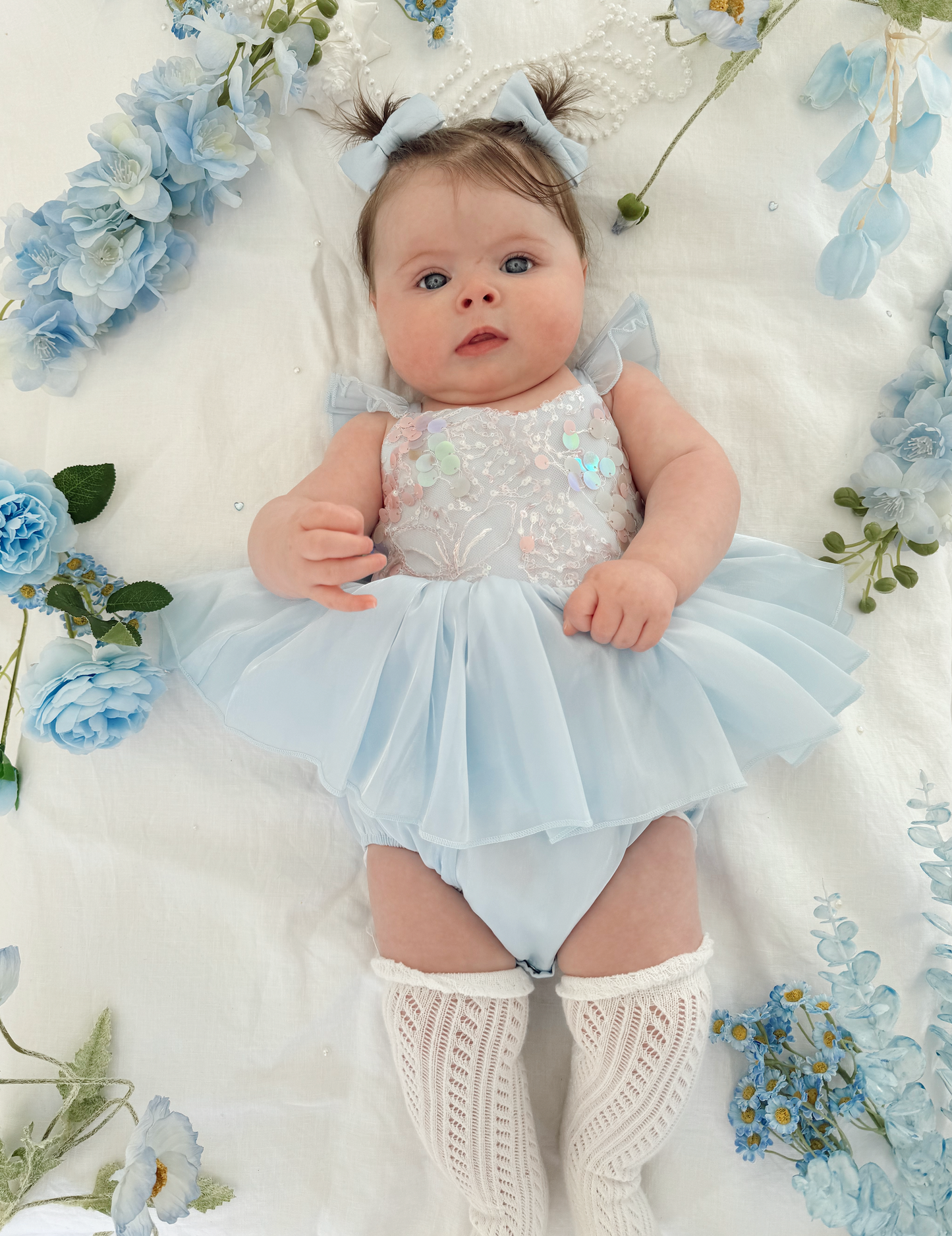 Ariel Ocean Blue Organza Sequin Baby Girl Party Romper