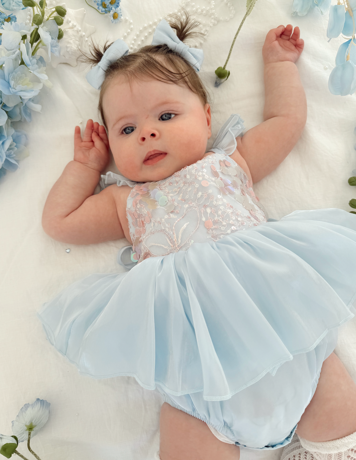 Ariel Ocean Blue Organza Sequin Baby Girl Party Romper