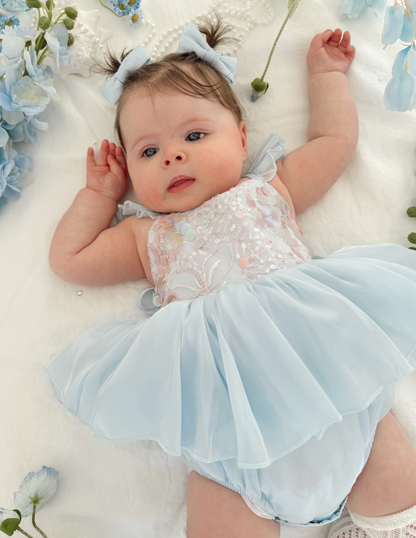 Ariel Ocean Blue Organza Sequin Baby Girl Party Romper