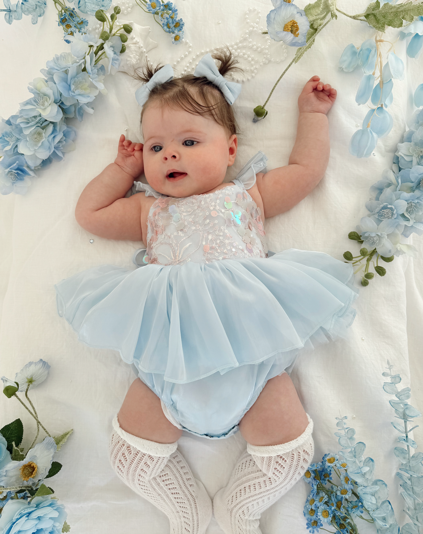 Ariel Ocean Blue Organza Sequin Baby Girl Party Romper