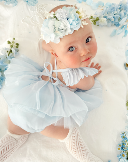 Ariel Ocean Blue Organza Sequin Baby Girl Party Romper